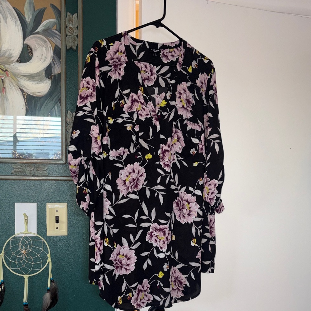 Torrid Black and Purple Floral Blouse